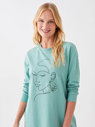 Bisiklet Yaka Baskılı Uzun Kollu Kadın Sweatshirt Tunik