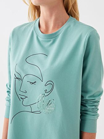 Bisiklet Yaka Baskılı Uzun Kollu Kadın Sweatshirt Tunik