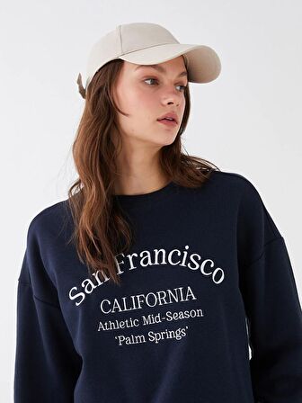 Bisiklet Yaka Baskılı Uzun Kollu Kadın Sweatshirt