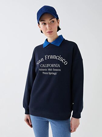 Bisiklet Yaka Baskılı Uzun Kollu Kadın Sweatshirt