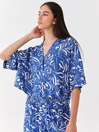 Desenli Kısa Kollu Oversize Kadın Gömlek