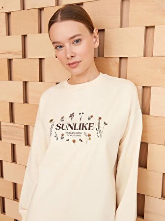 Bisiklet Yaka Baskılı Uzun Kollu Kadın Sweatshirt Tunik