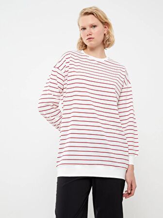 Bisiklet Yaka Çizgili Uzun Kollu Oversize Kadın Sweatshirt Tunik