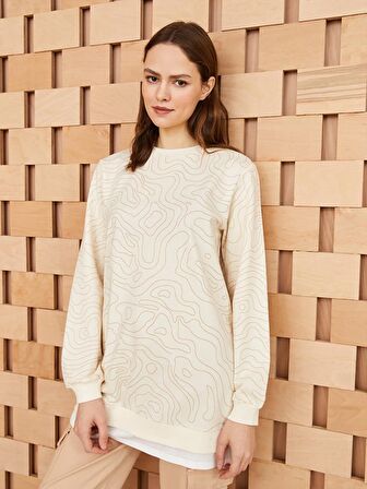 Kadın Bisiklet Yaka Desenli Uzun Kollu Sweatshirt Tunik