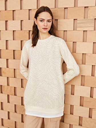 Kadın Bisiklet Yaka Desenli Uzun Kollu Sweatshirt Tunik