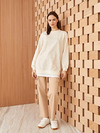 Kadın Bisiklet Yaka Desenli Uzun Kollu Sweatshirt Tunik