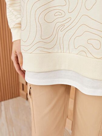 Kadın Bisiklet Yaka Desenli Uzun Kollu Sweatshirt Tunik