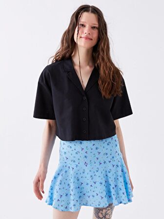 Düz Kısa Kollu Crop Keten Karışımlı Kadın Gömlek
