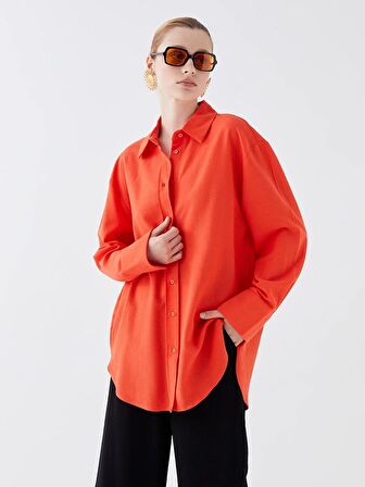 Düz Uzun Kollu Oversize Keten Karışımlı Kadın Gömlek