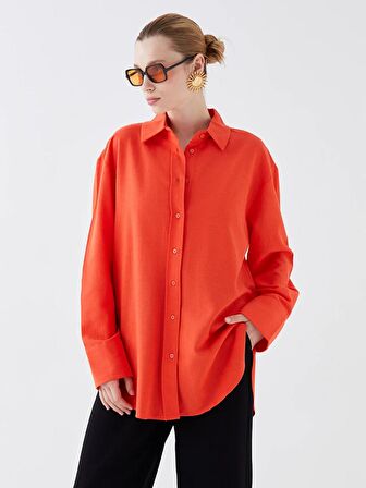 Düz Uzun Kollu Oversize Keten Karışımlı Kadın Gömlek