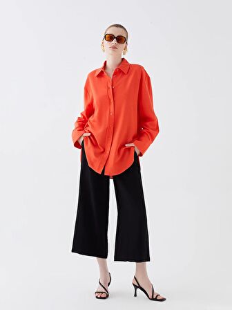 Düz Uzun Kollu Oversize Keten Karışımlı Kadın Gömlek