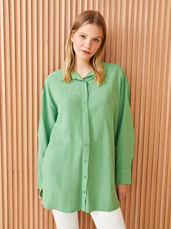 Düz Uzun Kollu Keten Karışımlı Oversize Kadın Gömlek Tunik