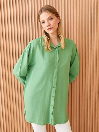 Düz Uzun Kollu Keten Karışımlı Oversize Kadın Gömlek Tunik