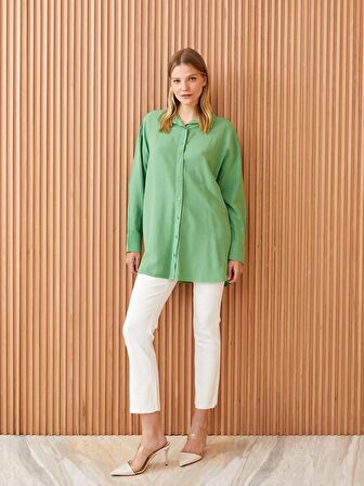 Düz Uzun Kollu Keten Karışımlı Oversize Kadın Gömlek Tunik