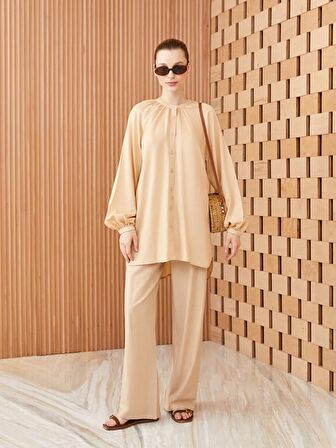 Beli Lastikli Düz Keten Karışımlı Kadın Pantolon