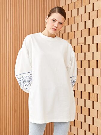 Bisiklet Yaka Baskılı Uzun Kollu Oversize Kadın Sweatshirt Tunik