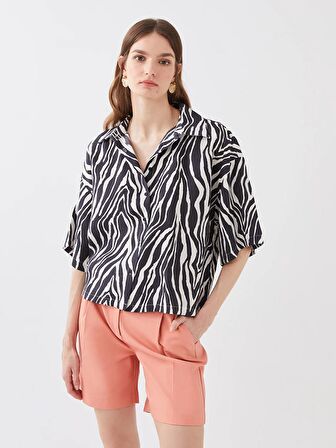 Desenli Kısa Kollu Oversize Kadın Gömlek
