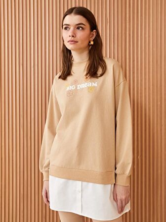 Bisiklet Yaka Baskılı Uzun Kollu Oversize Kadın Sweatshirt Tunik