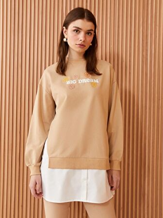 Bisiklet Yaka Baskılı Uzun Kollu Oversize Kadın Sweatshirt Tunik