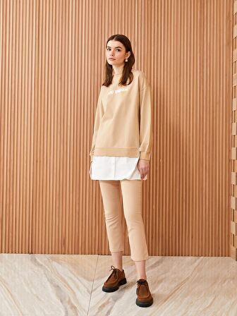 Bisiklet Yaka Baskılı Uzun Kollu Oversize Kadın Sweatshirt Tunik