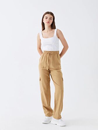 Beli Lastikli Düz Keten Karışımlı Kadın Pantolon