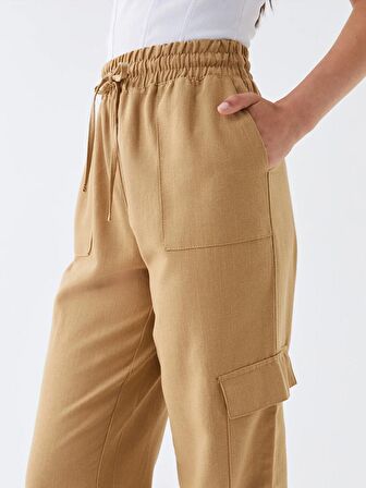 Beli Lastikli Düz Keten Karışımlı Kadın Pantolon