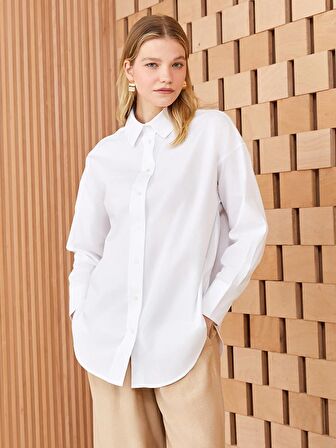 Düz Uzun Kollu Oversize Poplin Kadın Gömlek Tunik