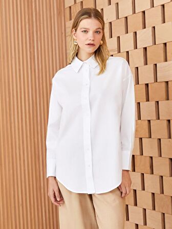 Düz Uzun Kollu Oversize Poplin Kadın Gömlek Tunik