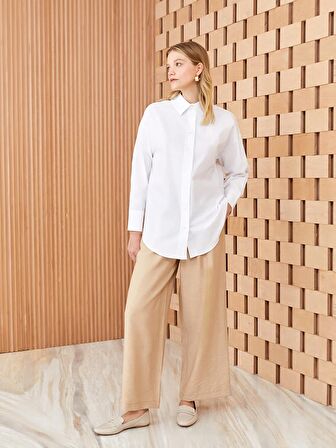 Düz Uzun Kollu Oversize Poplin Kadın Gömlek Tunik