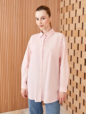 Düz Uzun Kollu Oversize Poplin Kadın Gömlek Tunik