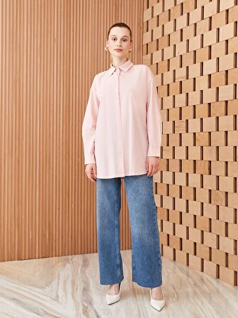 Düz Uzun Kollu Oversize Poplin Kadın Gömlek Tunik