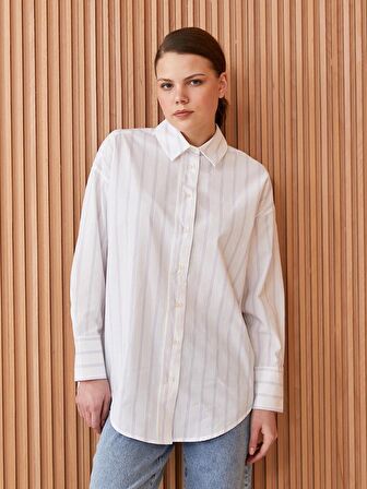 Çizgili Uzun Kollu Oversize Poplin Kadın Gömlek Tunik