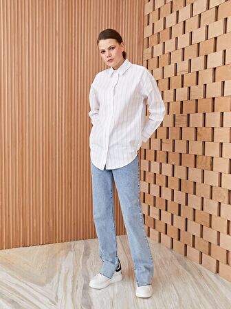 Çizgili Uzun Kollu Oversize Poplin Kadın Gömlek Tunik