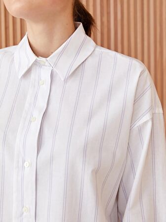 Çizgili Uzun Kollu Oversize Poplin Kadın Gömlek Tunik