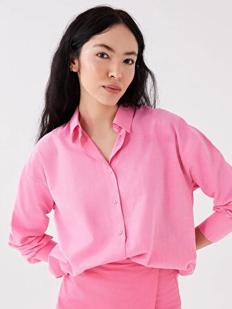 Düz Uzun Kollu Oversize Keten Görünümlü Kadın Gömlek Tunik