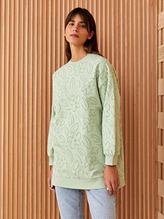 Bisiklet Yaka Desenli Uzun Kollu Oversize Kadın Sweatshirt Tunik