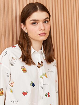 Desenli Uzun Kollu Poplin Kadın Gömlek Tunik