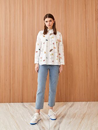 Desenli Uzun Kollu Poplin Kadın Gömlek Tunik