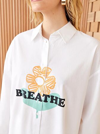 Baskılı Uzun Kollu Oversize Poplin Kadın Gömlek Tunik