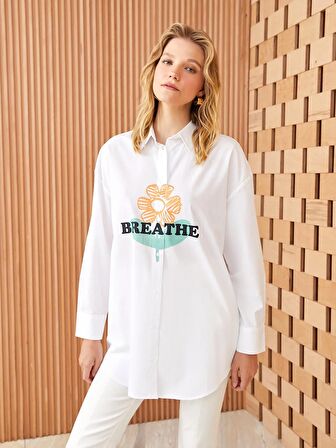 Baskılı Uzun Kollu Oversize Poplin Kadın Gömlek Tunik