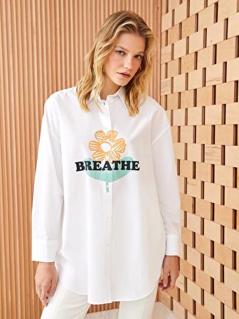 Baskılı Uzun Kollu Oversize Poplin Kadın Gömlek Tunik
