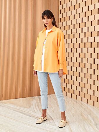 Düz Uzun Kollu Oversize Poplin Kadın Gömlek Tunik