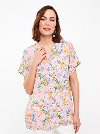 Kaçık Yaka Çiçekli Kısa Kollu Kadın Gömlek