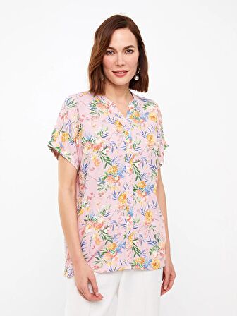 Kaçık Yaka Çiçekli Kısa Kollu Kadın Gömlek