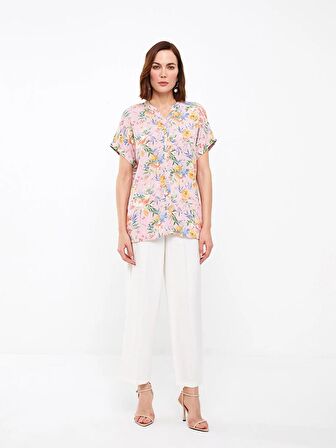 Kaçık Yaka Çiçekli Kısa Kollu Kadın Gömlek