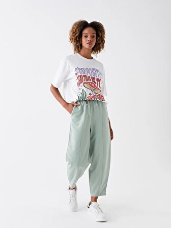 Beli Lastikli Düz Keten Karışımlı Kadın Pantolon