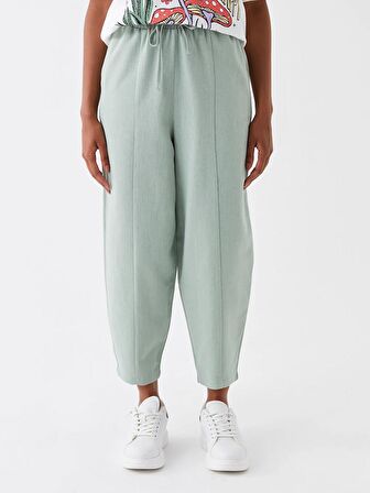 Beli Lastikli Düz Keten Karışımlı Kadın Pantolon