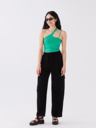 Beli Lastikli Düz Keten Karışımlı Kadın Pantolon