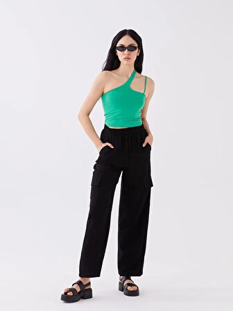 Beli Lastikli Düz Keten Karışımlı Kadın Pantolon
