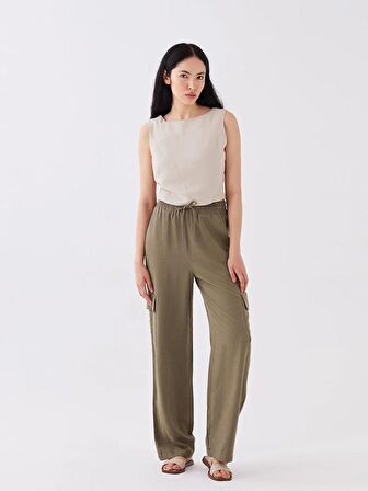 Beli Lastikli Düz Keten Karışımlı Kadın Pantolon